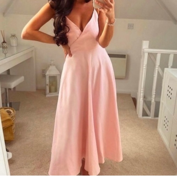 Zara Light Pink Voluminous Rustic Strappy Cross Back Midi Swing Belted Dress - Picture 3 of 6